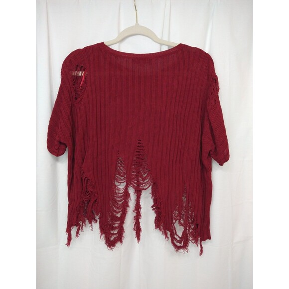 Love J Size M Distressed Cropped Short Sleeve Fringe Thrashed Red Wine Sweater - Picture 2 of 13